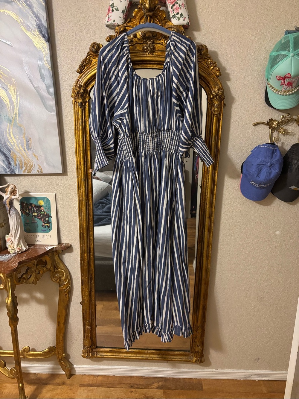 Anthropologie Navy and White Striped Puff-Sleeve Midi Dress - Picture 8 of 10